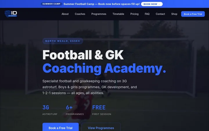 The ID Academy football coaching website homepage