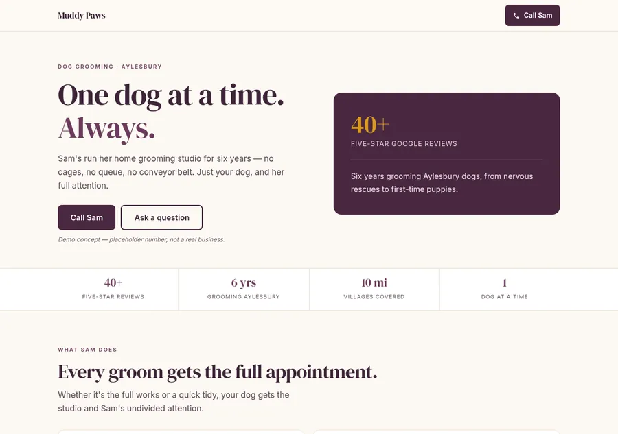 The Express version of the Muddy Paws site — a clean one-page layout with a serif headline, call button and a panel showing the review count